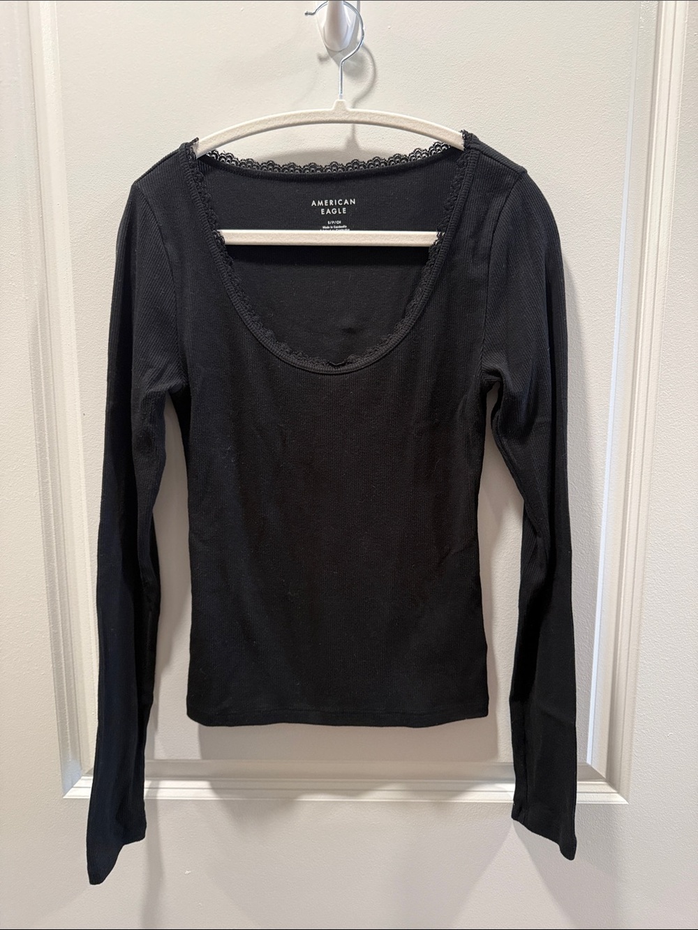 American Eagle Outfitters Black Lace-Edged Long Sleeve Scoop Top